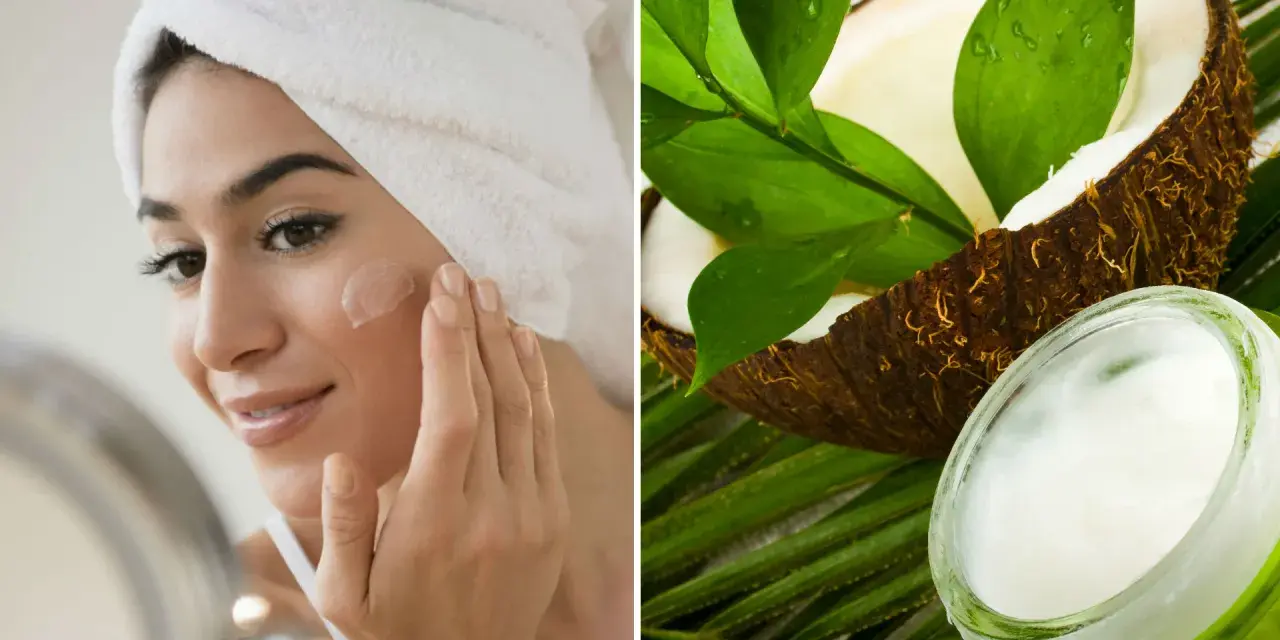 Mujer aplicándose crema en la cara, con un coco y un tarro de aceite de coco para la cara al lado.