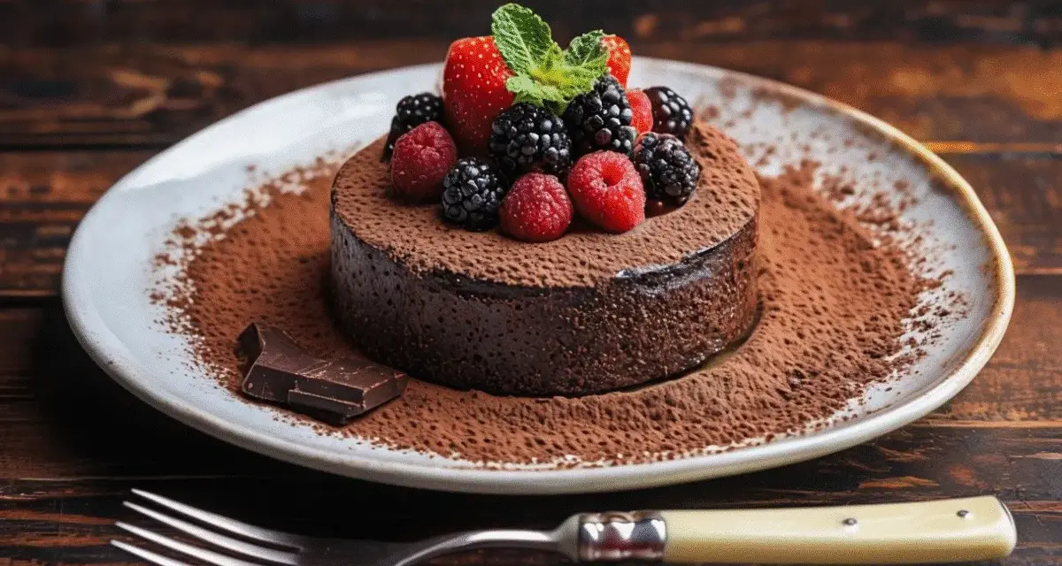 Delicioso soufflé de chocolate cubierto con frutos rojos y menta, espolvoreado con cacao. ¡Un postre irresistible!