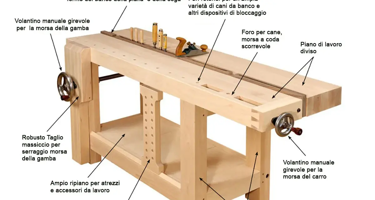 Banco da falegname robusto, ideale per lavorare il legno con precisione. Dotato di morse, fori per cani e piano diviso.