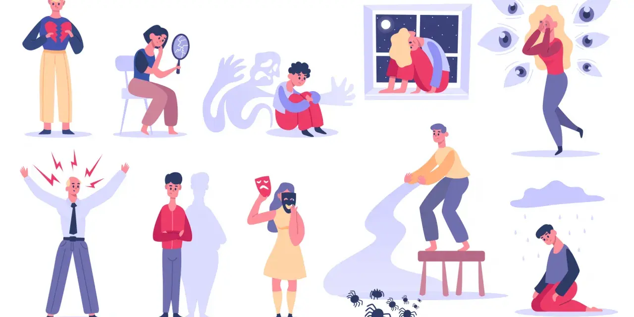 Ilustracje przedstawiające różne stany emocjonalne i lęki, takie jak złamane serce, strach, samotność i fobie.