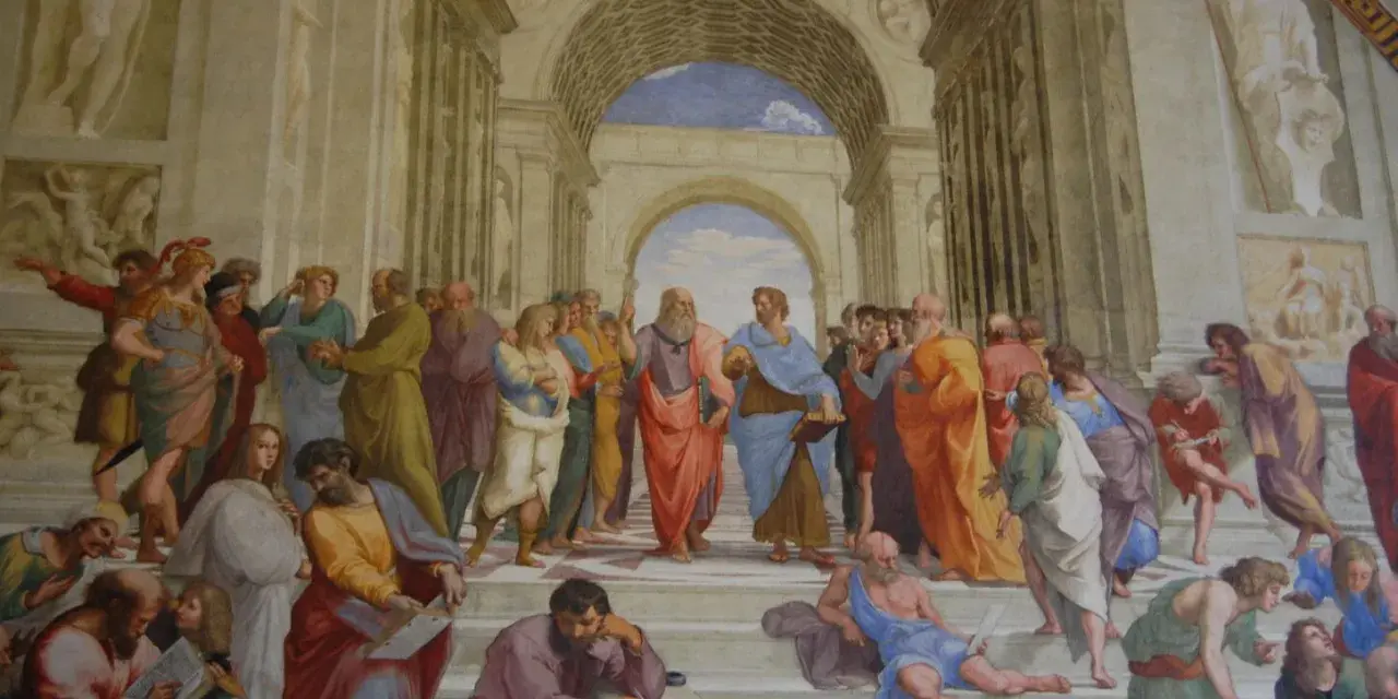 Une scène de l'art de la Renaissance, avec des figures antiques discutant dans une architecture grandiose.