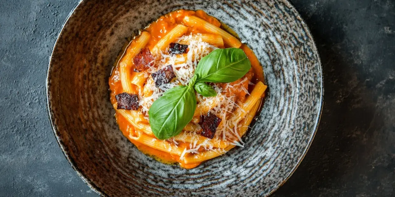 Piatto di pasta con crema di mascarpone, cubetti di pancetta croccante, parmigiano grattugiato e basilico fresco.