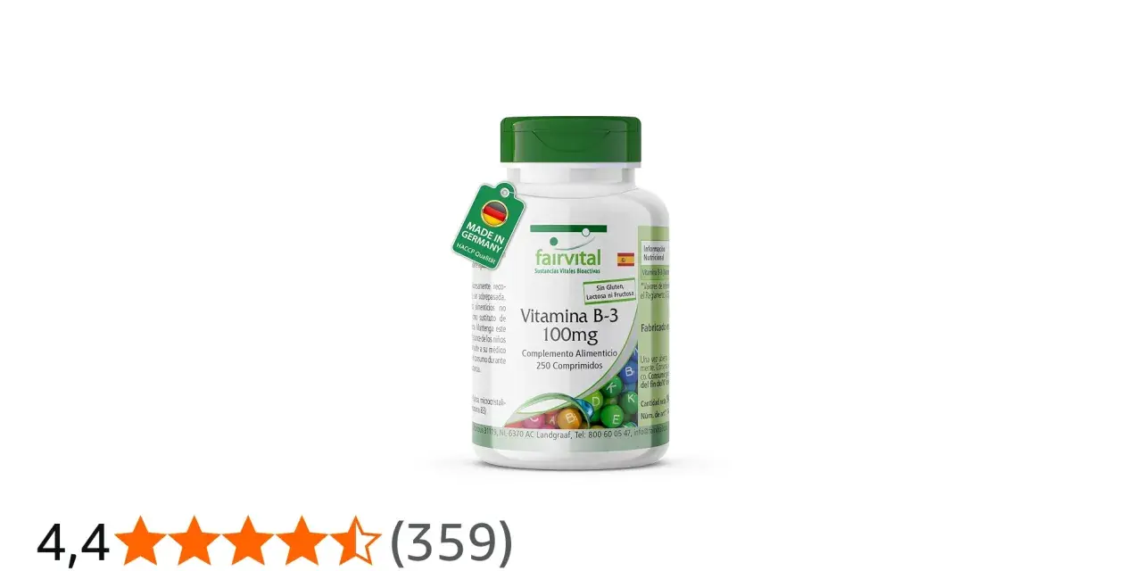 Bote de Vitamina B-3 100mg de Fairvital, 250 comprimidos. Descubre para qué sirve la vitamina b3 para tu bienestar.