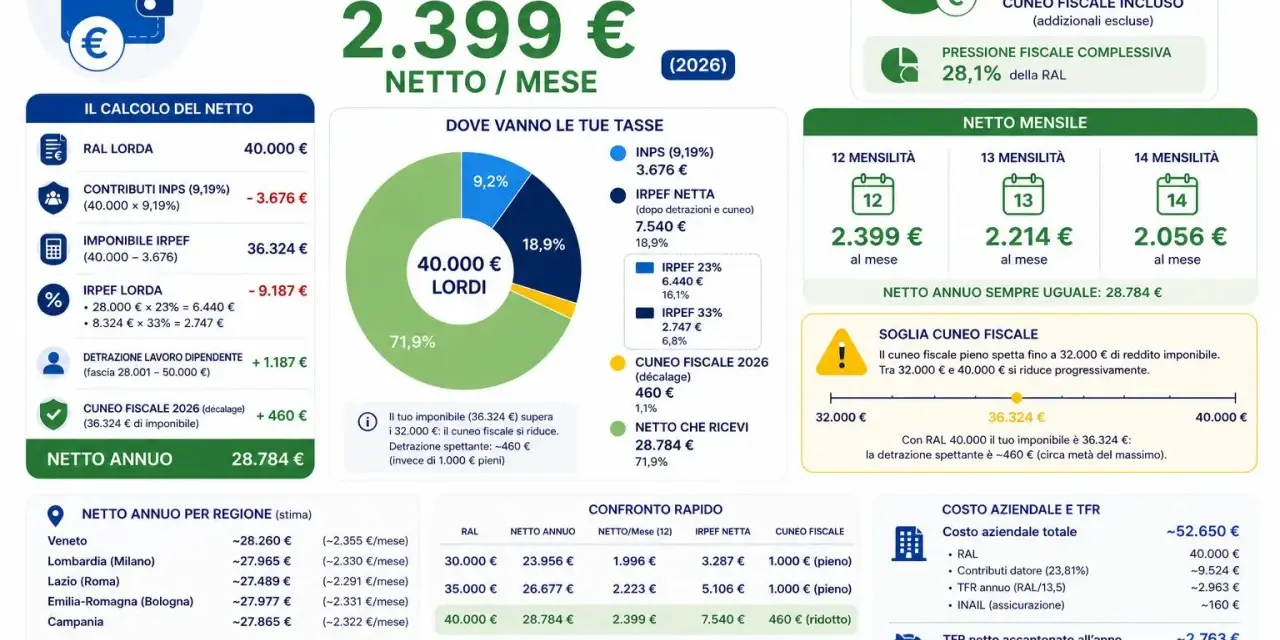 Quanto guadagna un ingegnere con RAL 40.000€: netto annuo 28.784€, netto mensile 2.399€ (12 mensilità).