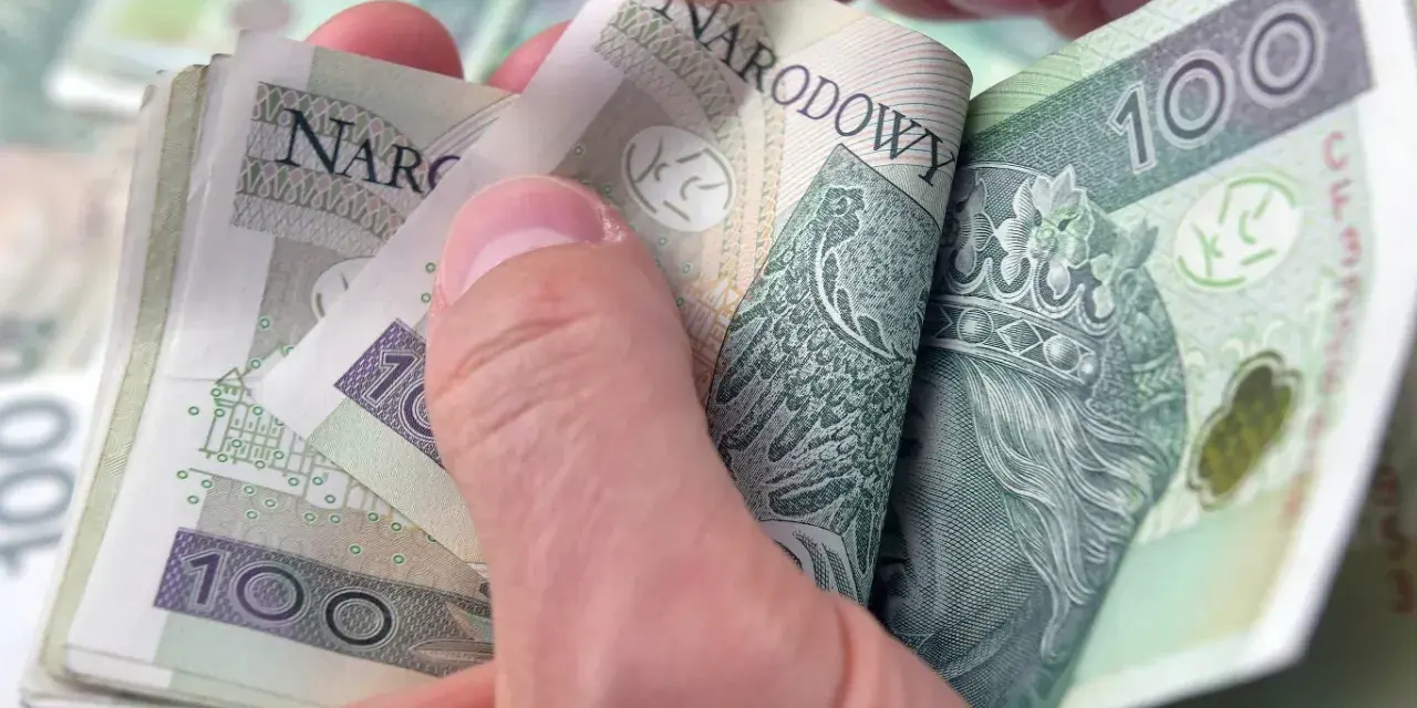 Dłoń trzyma stos polskich banknotów 100 zł. Zastanawiasz się, ile komornik może zabrać z L4?