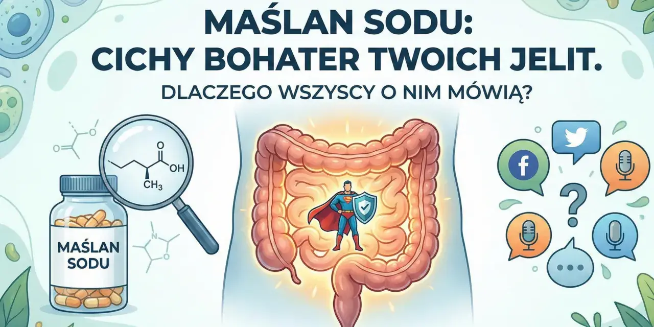 Maślan sodu: cichy bohater jelit. Na obrazku buteleczka suplementu, wzór chemiczny, jelita z superbohaterem i ikony mediów społecznościowych.
