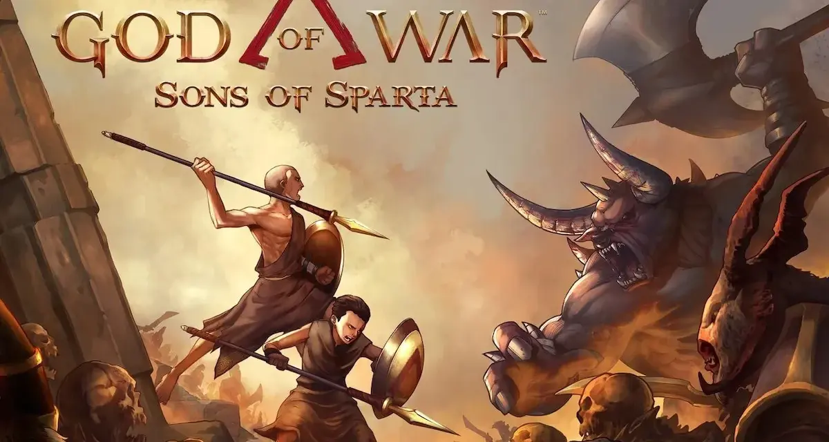 Los hijos de Esparta luchan contra monstruos. El título "God of War Sons of Sparta" preside la escena.