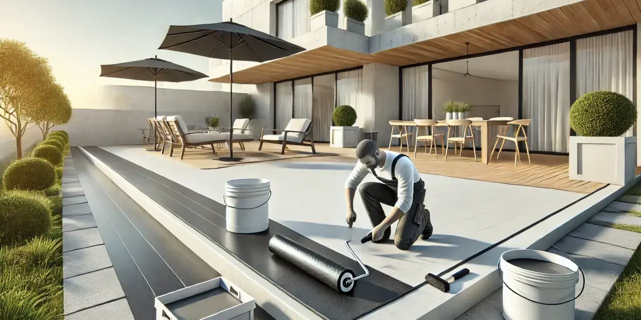 Hombre aplicando impermeabilizante para terrazas con rodillo en una moderna casa con mobiliario exterior.