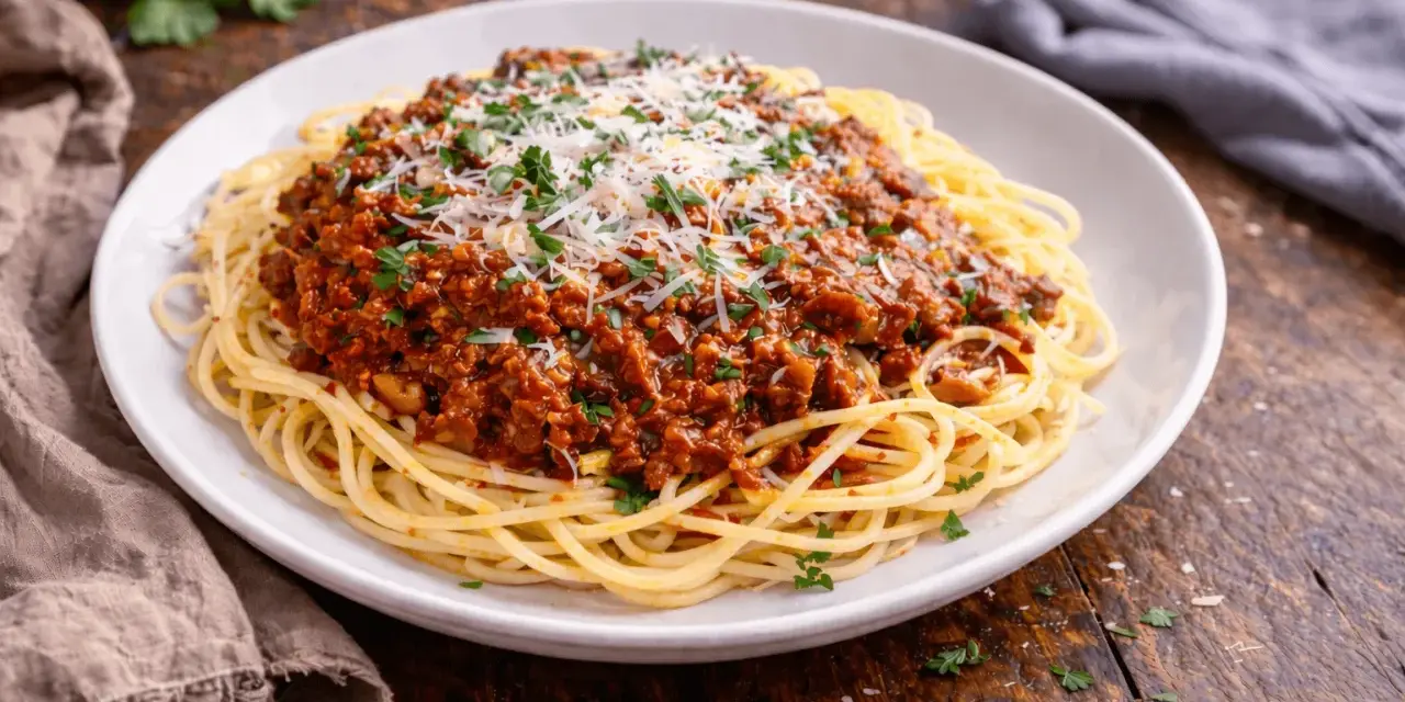 Pyszne spaghetti bolognese, posypane parmezanem i natką pietruszki. Prosty przepis na obiad, który zachwyci każdego.