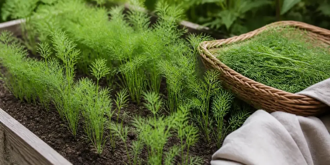 Frischer Dill wächst im Beet. Ein Korb voller geerntetem Dill liegt daneben. Der ideale dill standort für Kräuter.