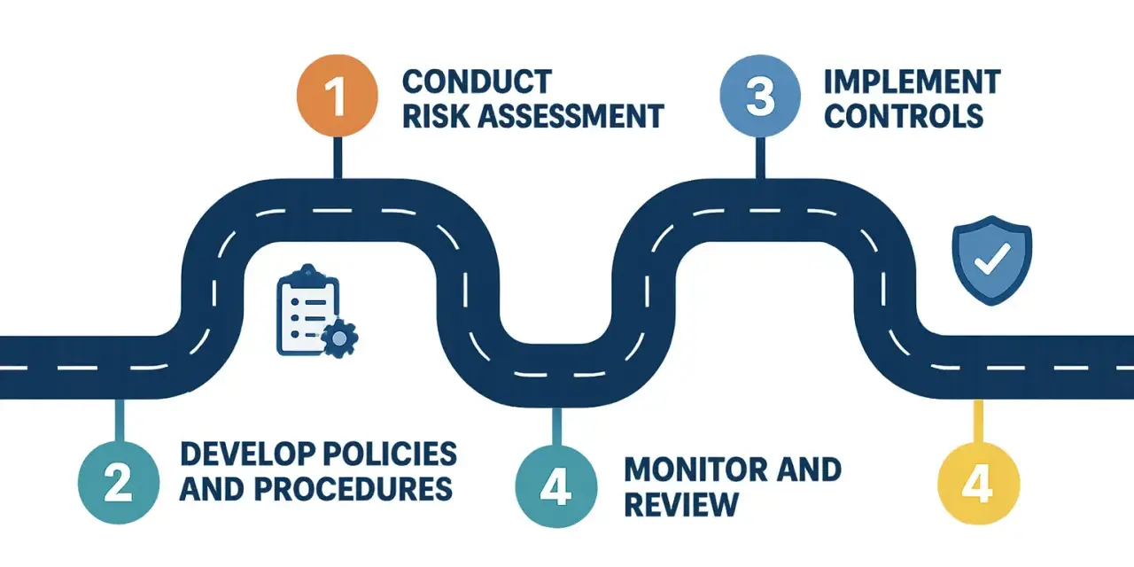 Roadmap for IT compliance risk management: Conduct risk assessment, develop policies, implement controls, and monitor and review. Continuous monitoring ensures ongoing effectiveness.