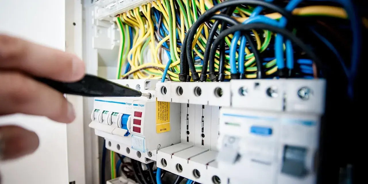 Ręka majstruje przy bezpiecznikach. Kolorowe przewody tworzą skomplikowaną instalację elektryczną.