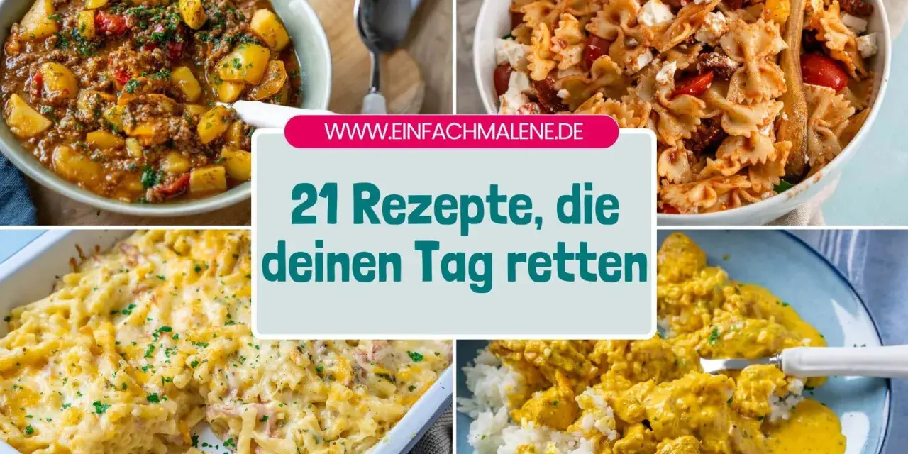 Vier leckere Gerichte: Gulasch mit Kartoffeln, Nudelsalat, Auflauf und Curry mit Reis. Was koche ich heute? Hier gibt's Inspiration!