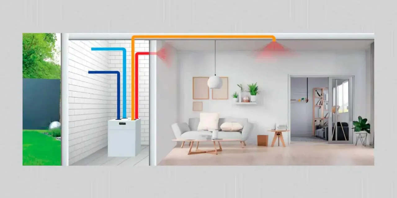 Sistema de ventilación mecánica con conductos de colores que llevan aire a un salón moderno.
