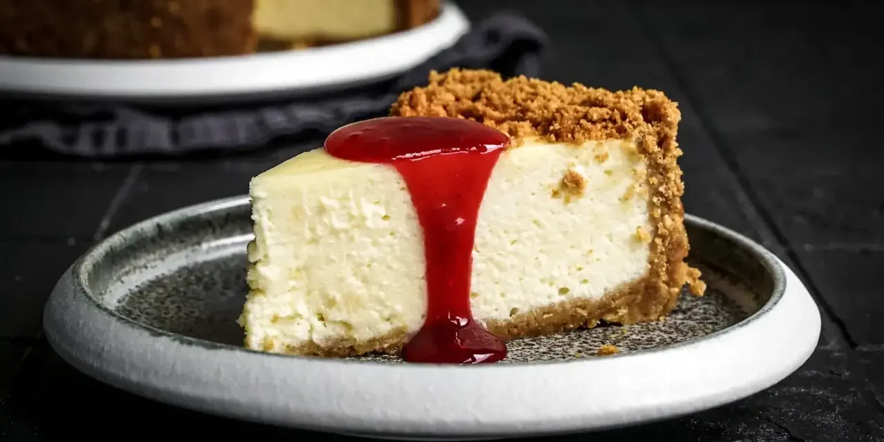 Ein Stück cremiger american cheesecake mit Keksboden, übergossen mit roter Fruchtsauce, auf einem grauen Teller.