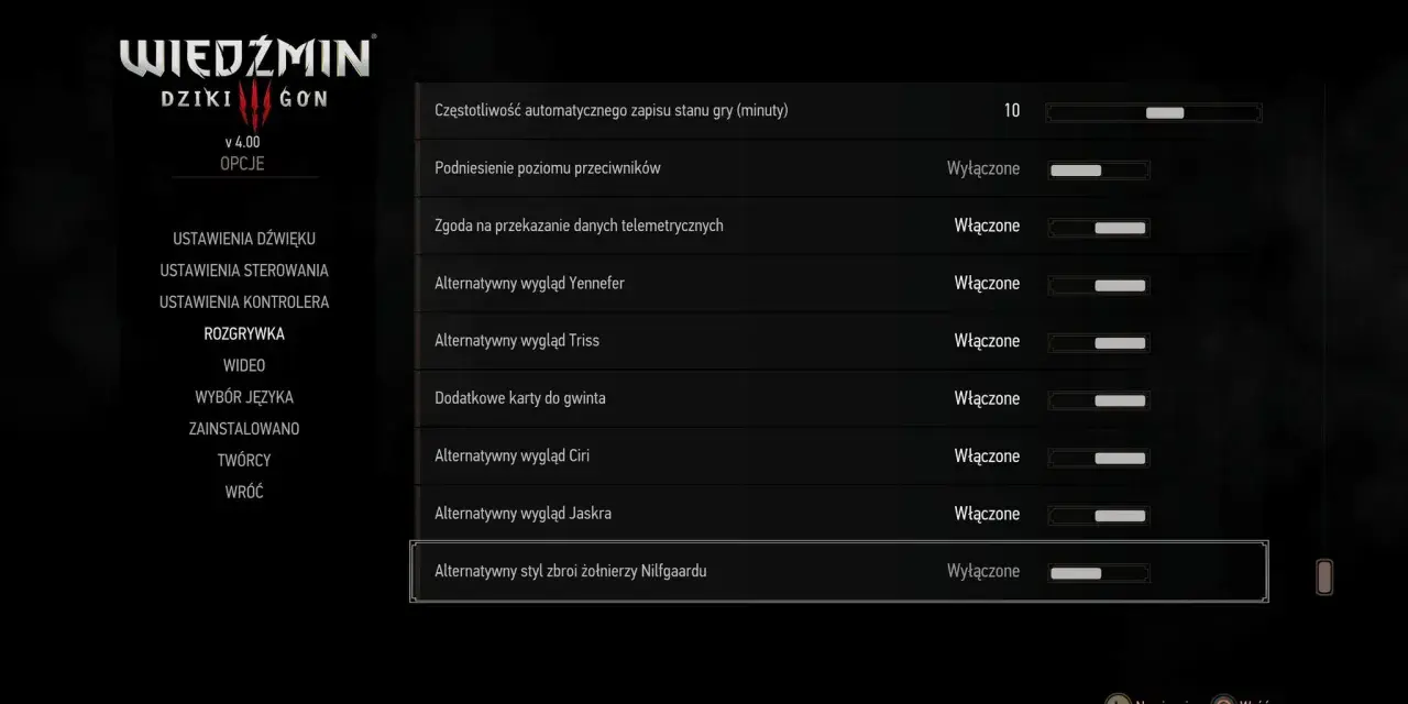 W menu Wiedźmina Dzikiego Gonu opcja "Alternatywny wygląd Jaskra" jest włączona.