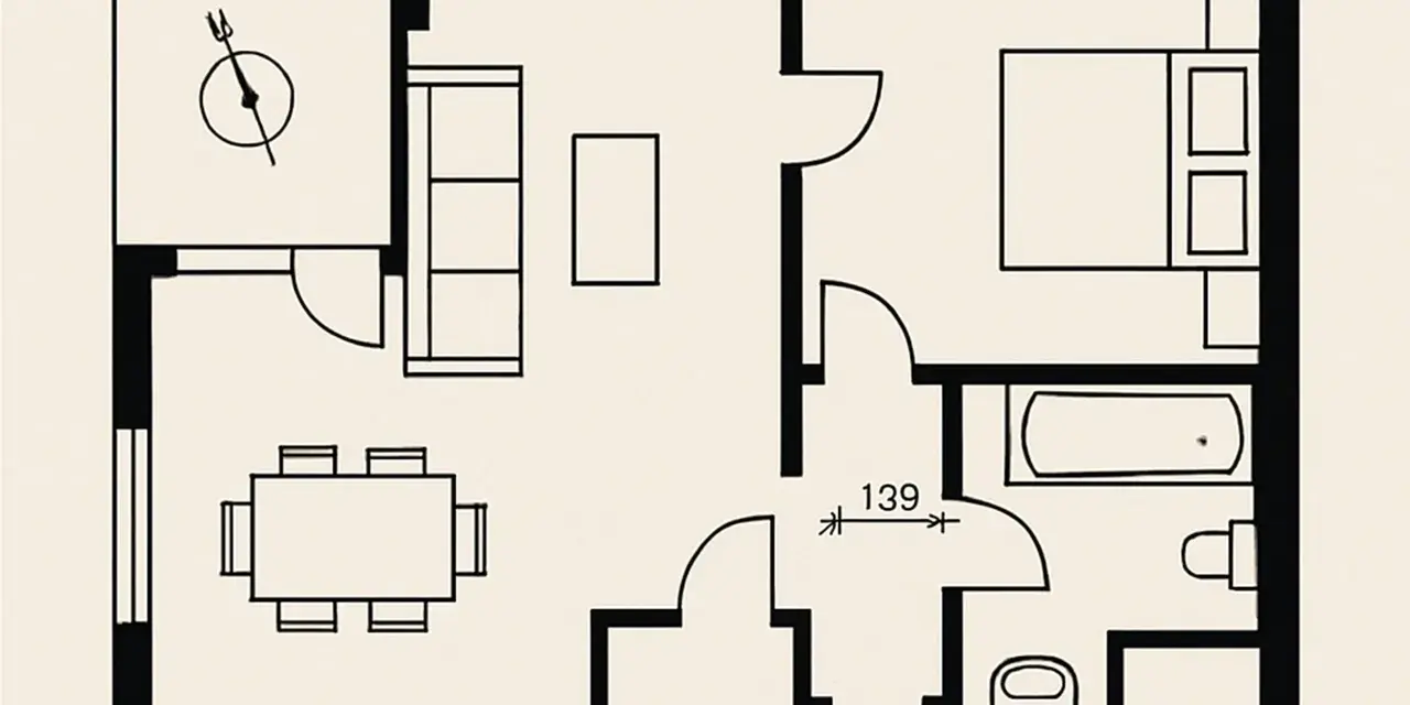 Planimetria di un appartamento: soggiorno con divano e tavolo, camera da letto, bagno e balcone. Utile per capire come fare una planimetria.