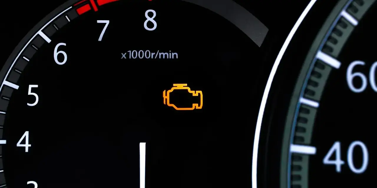 Pomarańczowa kontrolka **check engine** świeci się na desce rozdzielczej obok obrotomierza.