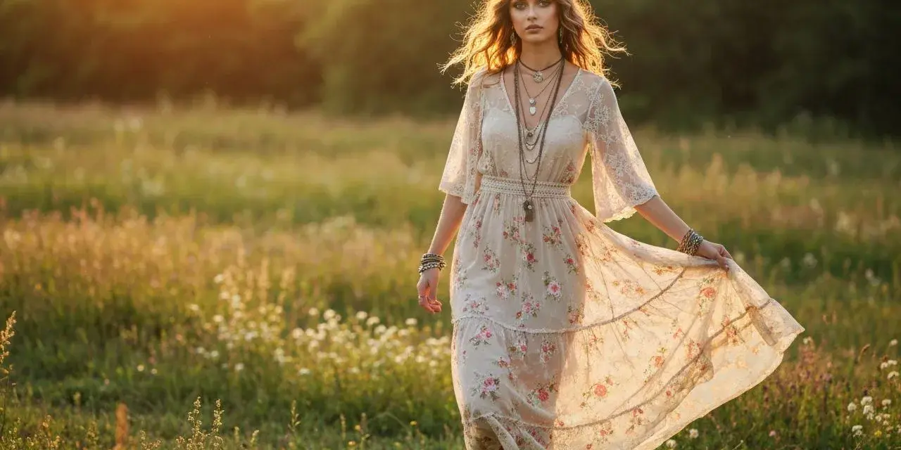 Kobieta w kwiecistej sukience i wianku na głowie, idealna inspiracja, jak się ubrać na wesele w stylu boho.