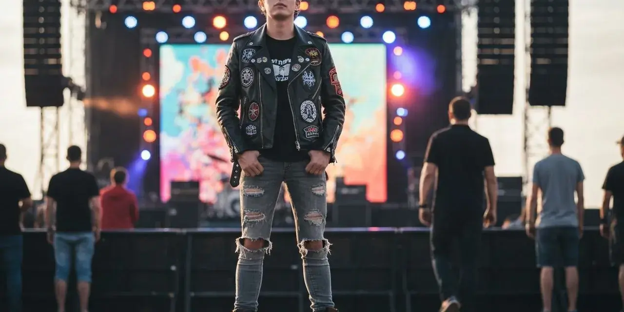 Chłopak w ramonesce z naszywkami i podartych jeansach, idealny przykład, jak się ubrać na koncert metalowy.