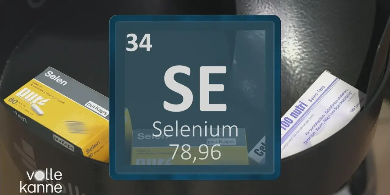 Das Periodensystem-Symbol SE für Selen, mit Packungen von Selen-Kapseln und -Tabletten. Mögliche Selen mangel symptome werden hier thematisiert.