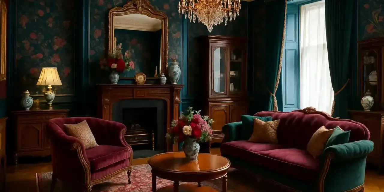 Elegancki salon w stylu wiktoriańskim z aksamitnymi meblami, bogatą tapetą i kryształowym żyrandolem.