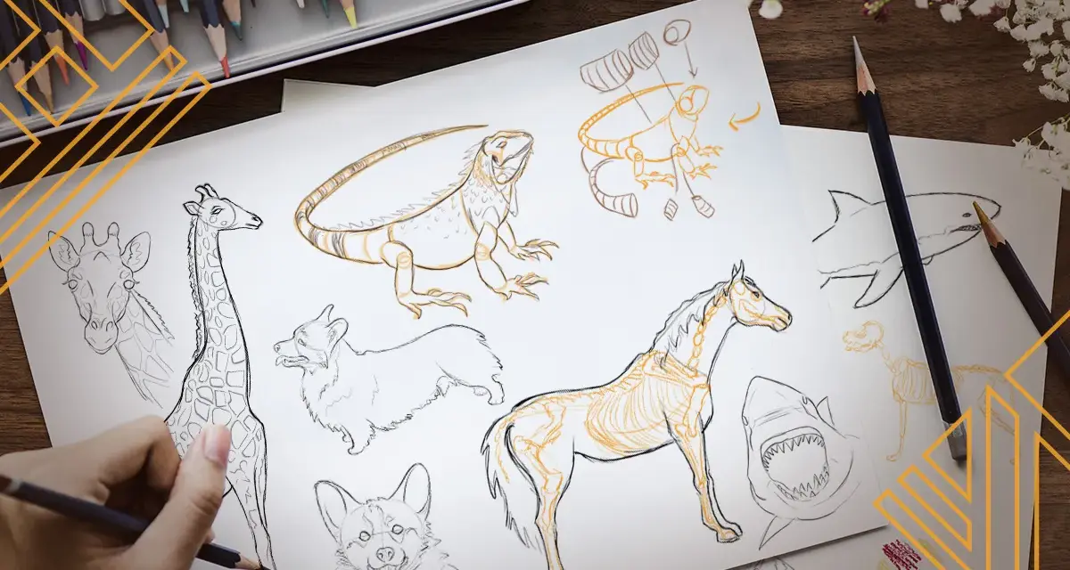 Un dessin d'animaux réaliste facile : une main esquisse une girafe, entourée de croquis de corgis, d'un cheval, d'un iguane, d'un requin et d'un oiseau.