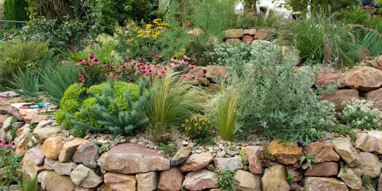 Ein wunderschöner Steingarten, der zeigt, wie man mit wenig Geld einen tollen Garten gestalten kann. Bunte Blumen und Gräser wachsen zwischen Natursteinen.