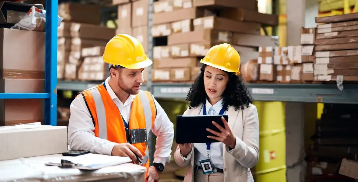Due operai Bartolini in magazzino discutono dati su tablet, forse per calcolare lo stipendio camionista.