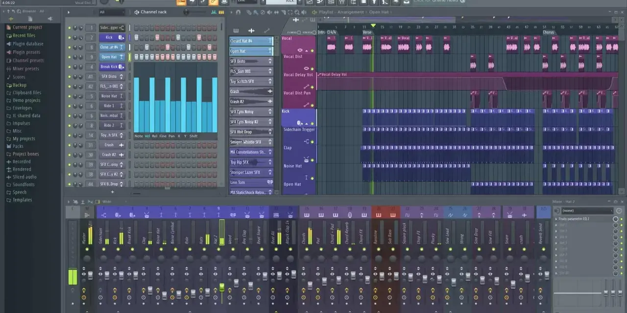 Die Musik machen App zeigt eine digitale Audio-Workstation mit Spuren für Gesang, Kick, Clap und mehr.