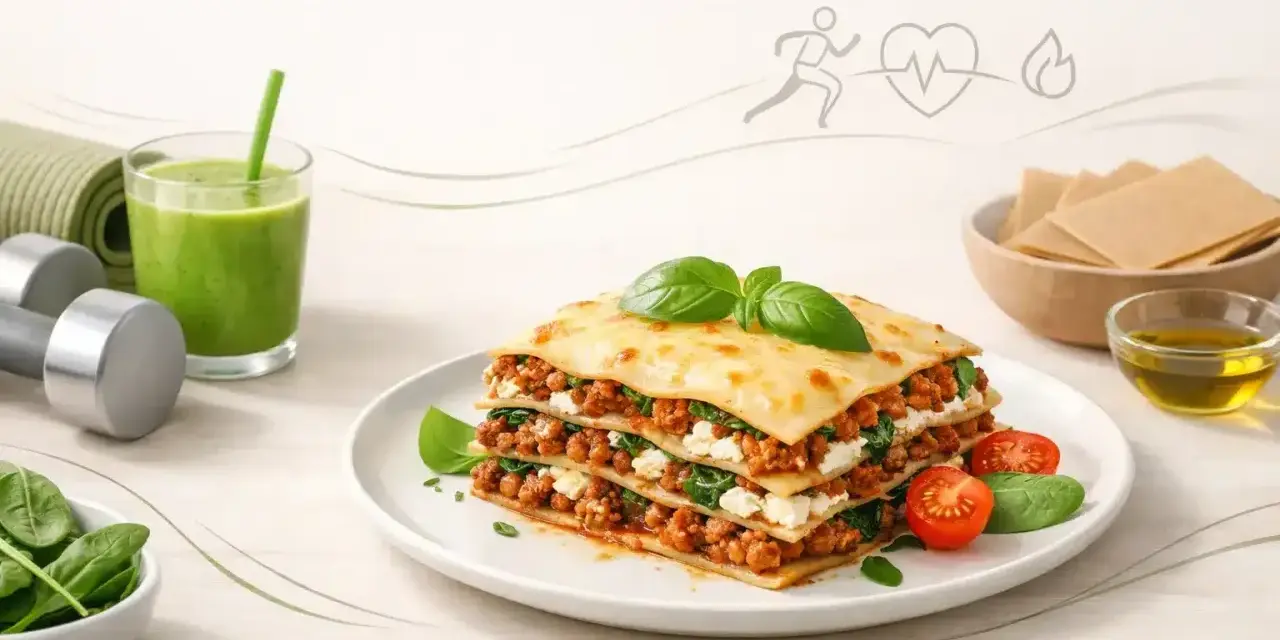 Jak zrobić lasagne? Pyszna, warstwowa lasagne z mięsem mielonym i szpinakiem, obok zielony koktajl, hantle i mata do ćwiczeń.