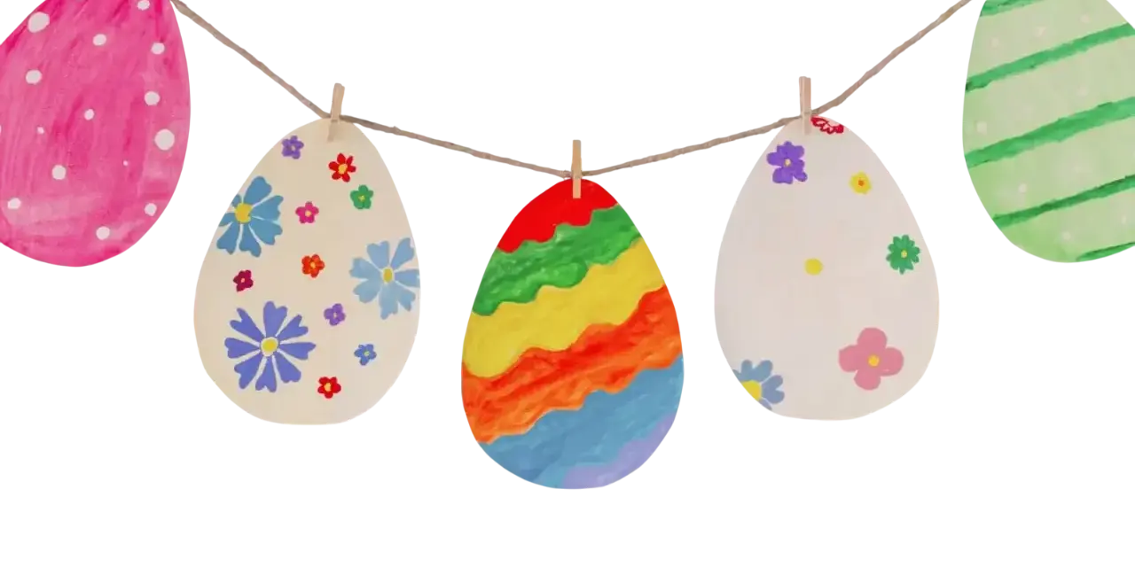 Bunte Papier-Ostereier, die an einer Schnur hängen. Eine Vorlage zum Selberbasteln.