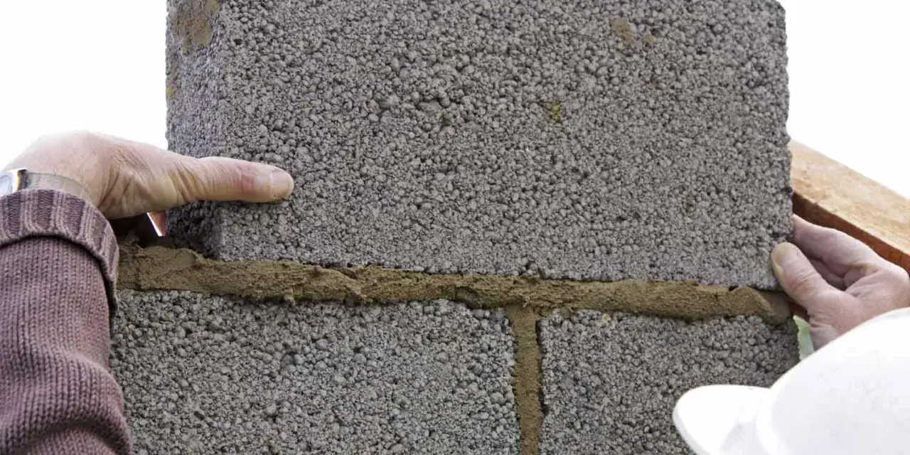 Pose de parpaings avec mortier. On voit les mains d'un maçon ajustant une brique. La question est : combien de mortier pour 1m2 de parpaing ?