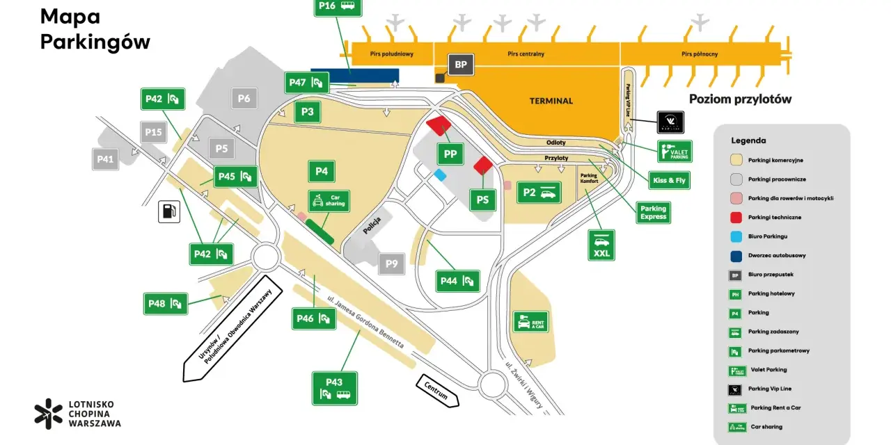 Mapa parkingów Lotnisko Chopina Warszawa z zaznaczonymi strefami P16, P47, P3, P4, P45, P42, P48, P46, P43, P9, P44, P5, P15, P41, PP, PS, P2, XXL.
