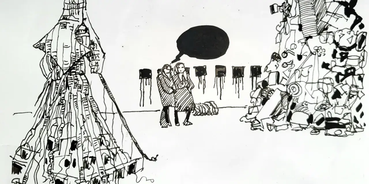 En surrealistisk teckning med en stor, klädd figur till vänster, två personer med en pratbubbla i mitten och en hög med objekt till höger. Någon verkar vilja rita fina bilder.