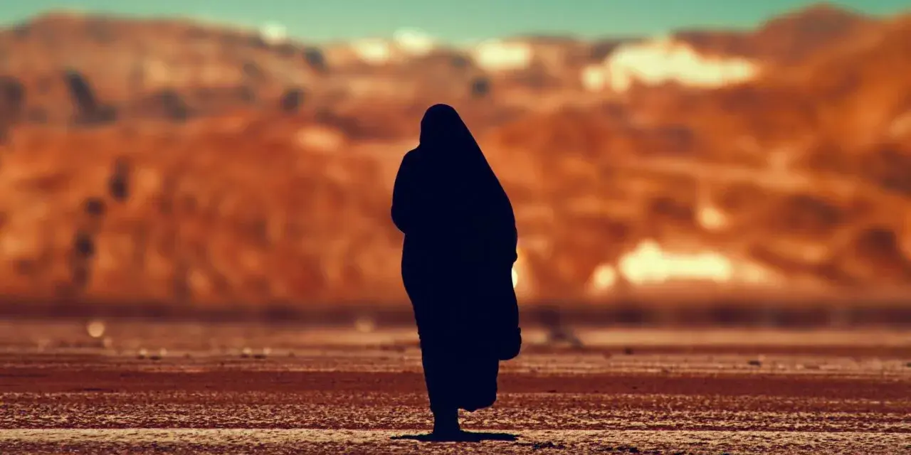 Eine Silhouette einer Person, die in der Wüste steht, erinnert an Johannes 1, wo das Wort am Anfang war.