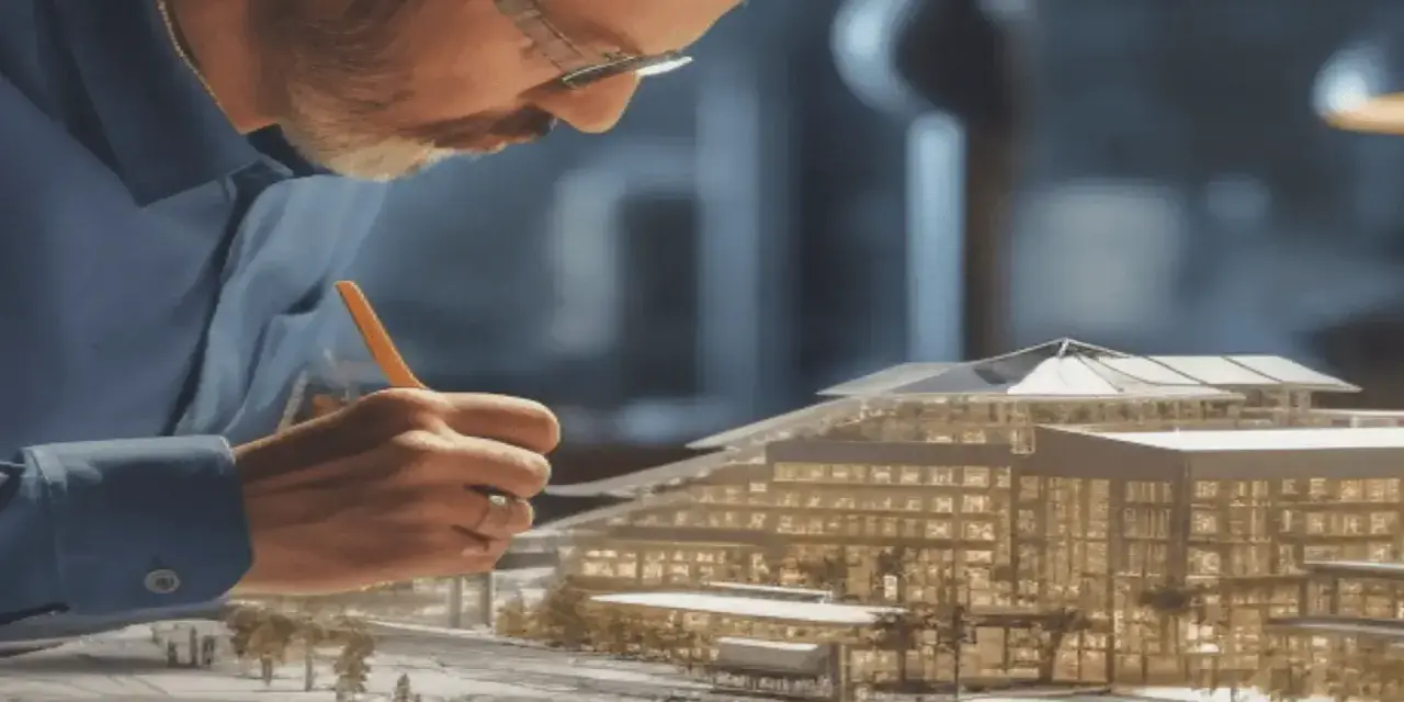 Architekt w okularach pracuje nad modelem budynku, trzymając ołówek.