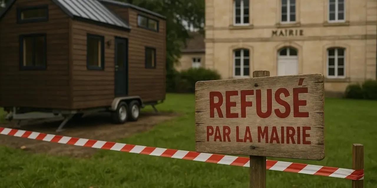 Une tiny house sur roues est devant la mairie. Un panneau indique "Refusé par la mairie", barré par un ruban de sécurité.