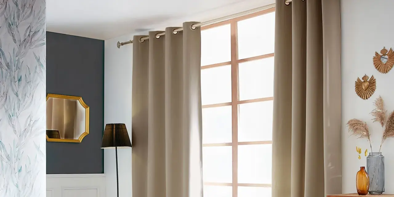 Eine schicke Gardinenstange anbringen, um die beige Vorhänge über dem Fenster zu befestigen. Dekorative Elemente wie Spiegel und Pflanzen ergänzen den Raum.