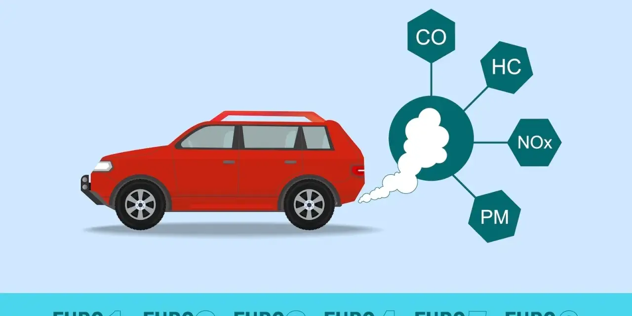 Czerwony samochód emituje dym z wydechu, pokazując różne normy emisji spalin, od EURO 1 do EURO 6, z uwzględnieniem zanieczyszczeń jak CO, HC, NOx i PM.