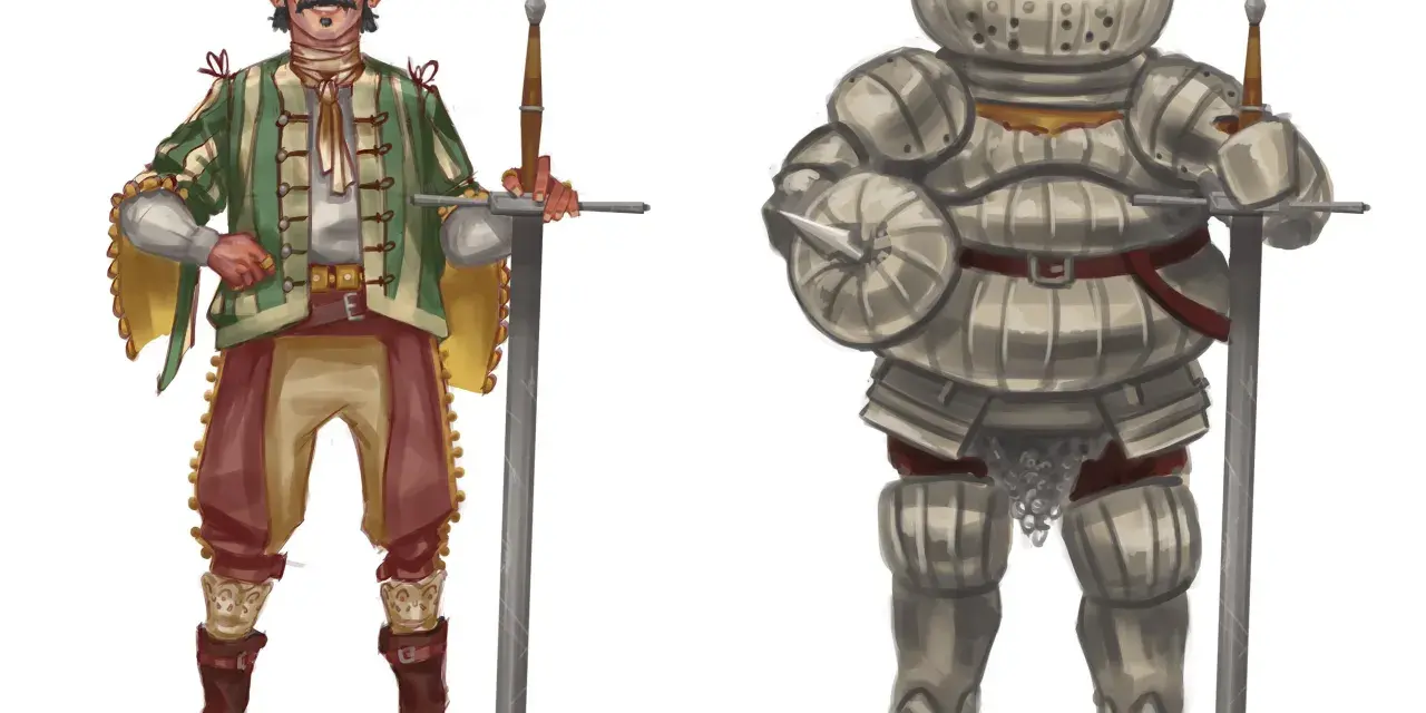 Siegmeyer de Catarina, un caballero con armadura completa, y otro hombre con atuendo renacentista, ambos sostienen espadas.
