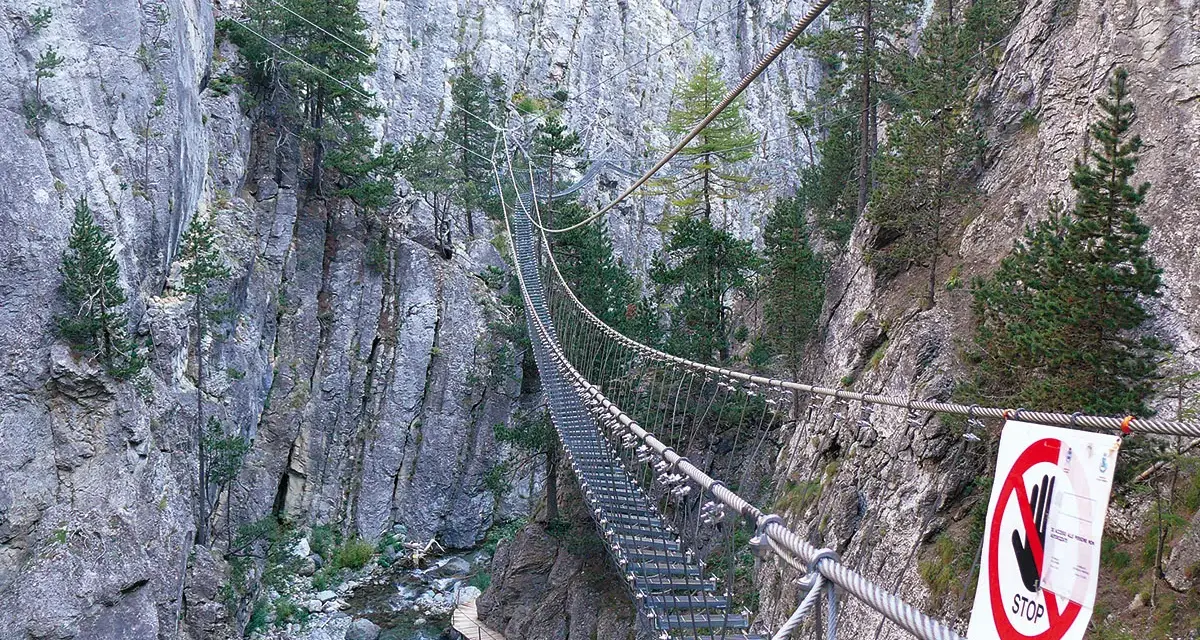 Un emozionante ponte tibetano in Piemonte attraversa una gola rocciosa, con un torrente sottostante e pini aggrappati alle pareti.