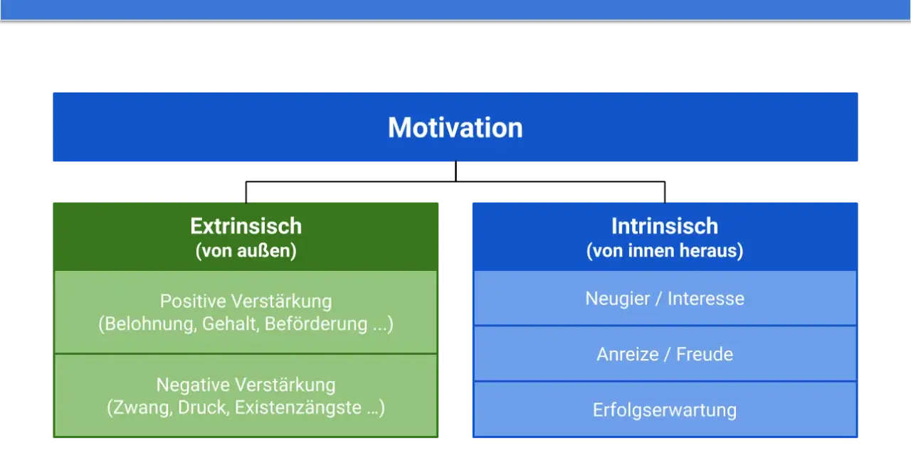 Diagramm zeigt Motivation, aufgeteilt in extrinsisch (von außen, z.B. Belohnung) und intrinsisch (von innen, z.B. Neugier).