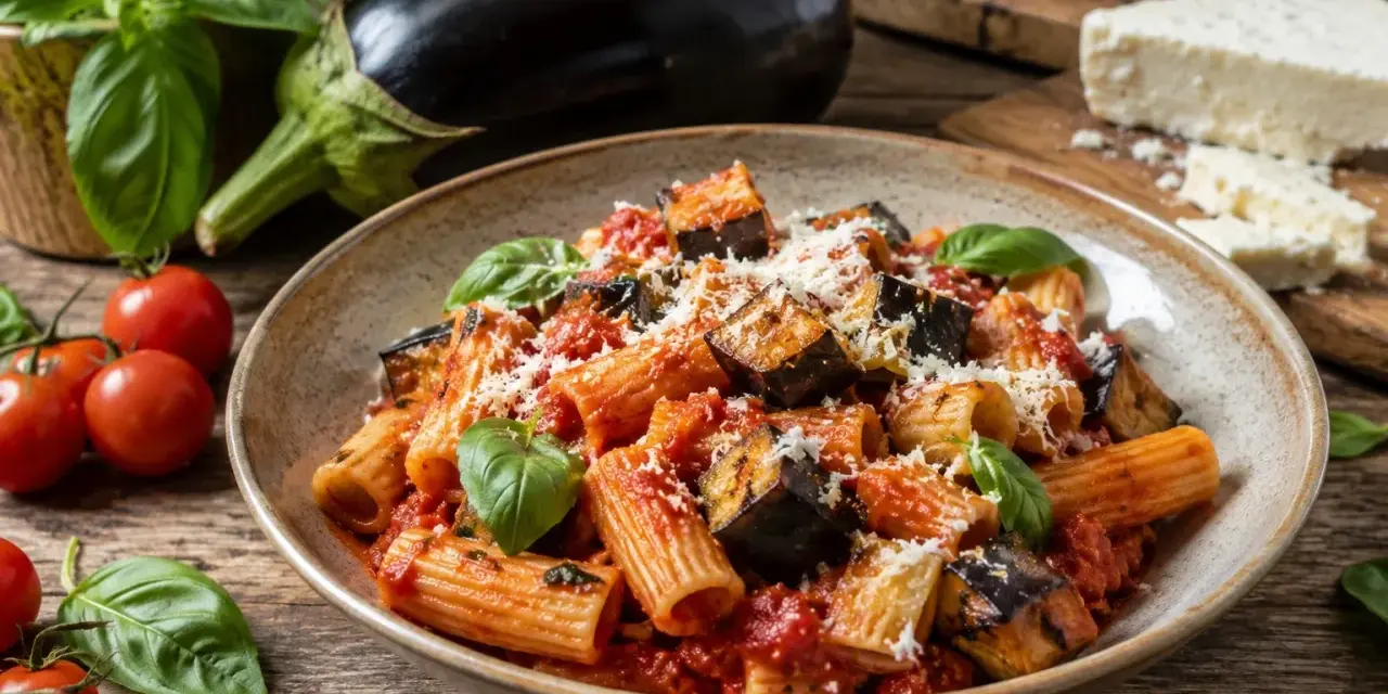 Pyszne danie z makaronu rigatoni z bakłażanem, pomidorami i bazylią. Idealne na Pasta alla Norma przepis.