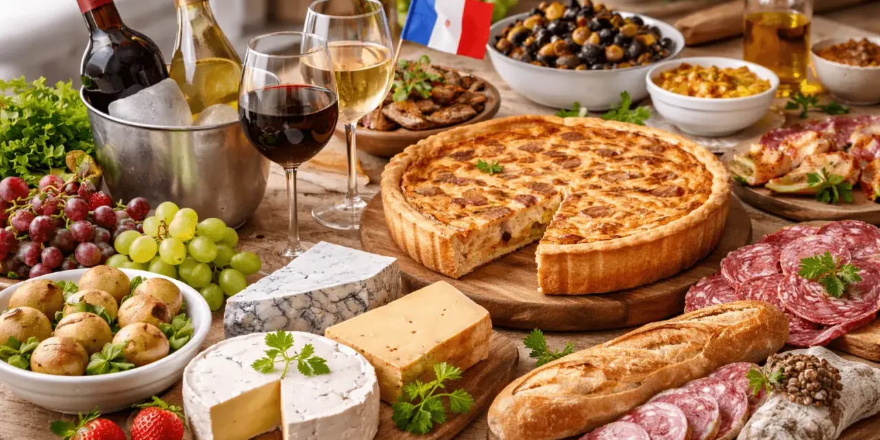 Un festin français : quiche, fromages, charcuterie, pain et fruits. Parfait pour savoir que manger avec un pinot noir.