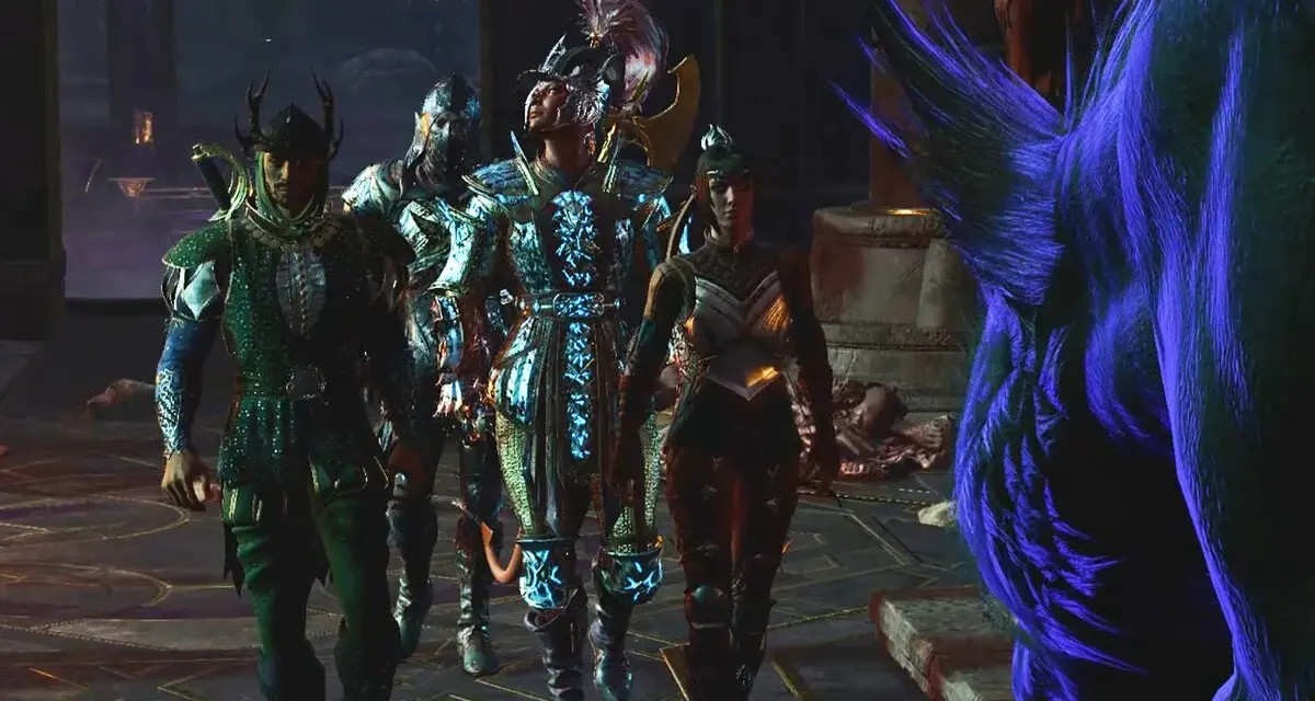 Guerreros con armaduras brillantes se preparan para la ordalía de Shar, enfrentando a una criatura azul peluda.