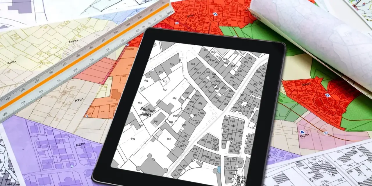 Na ekranie tabletu widoczny jest fragment miejscowego planu zagospodarowania przestrzennego gminy, otoczony mapami i linijką geodezyjną.