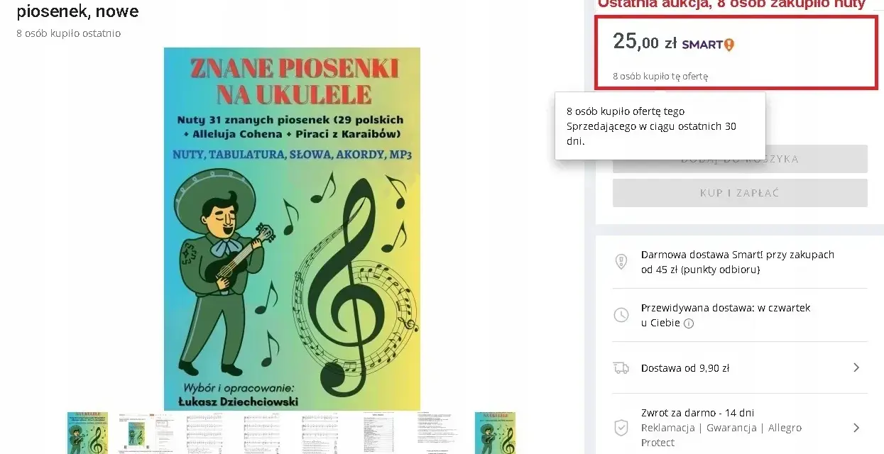 Okładka książki "Znane piosenki na ukulele" z nutami, tabulaturą i akordami.