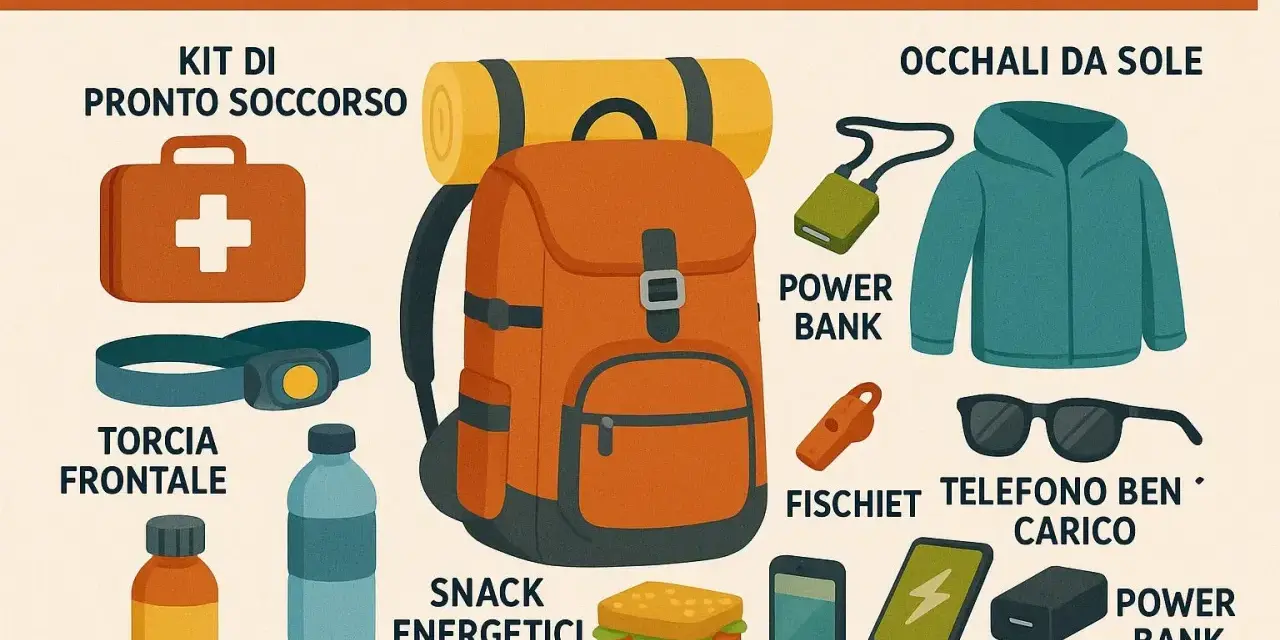 Zaino da trekking arancione con kit pronto soccorso, torcia, acqua, snack, power bank, fischietto, occhiali da sole e giacca. Essenziale per sapere cosa mettere nello zaino da trekking.