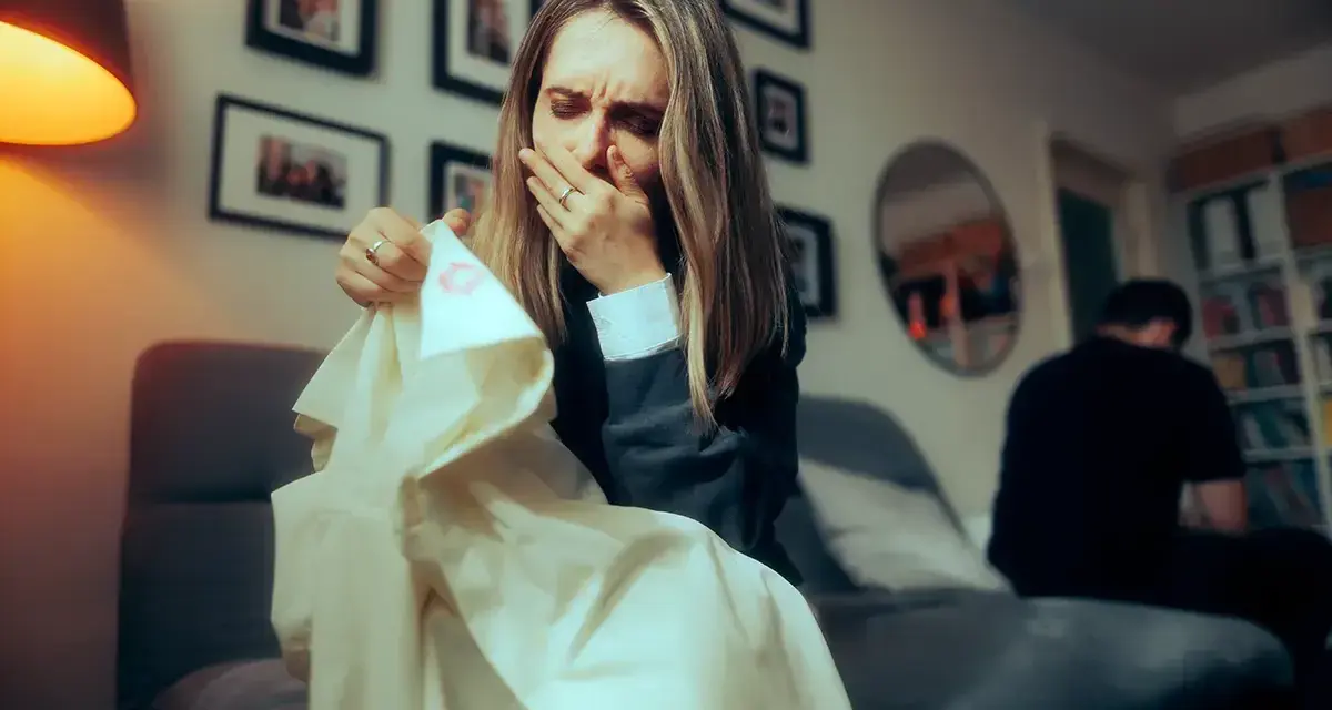 Verzweifelte Frau mit Lippenstiftabdruck auf Kleidung, die auf Ehebruch und möglichen Schadensersatz hindeutet. Ein Mann sitzt im Hintergrund.